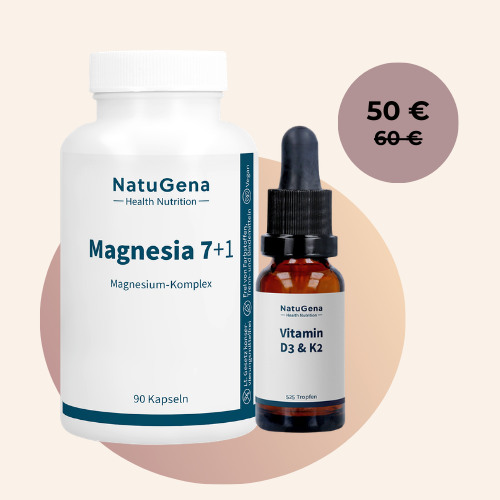 Nahrungsergänzungsmittel: Magnesia 7+1 und Vitamin D3 & K2, Preis 50 €.