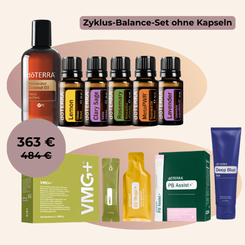 Zyklus-Balance-Set mit ätherischen Ölen und Pflegeprodukten, Preis 363 € statt 464 €.