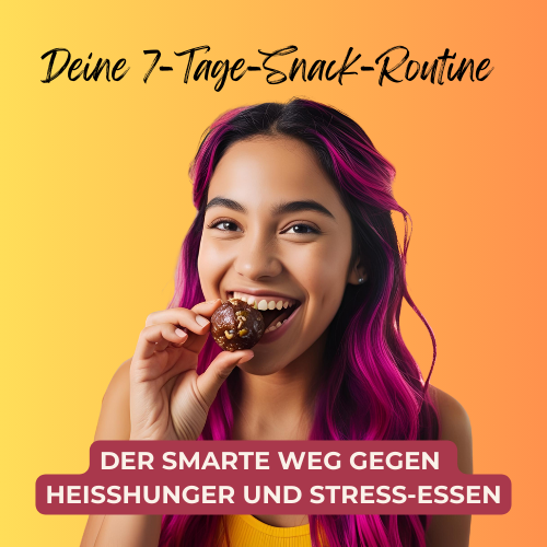 7-Tage-Snack-Routine per WhatsApp – DiaVega – Deine vegane Ernährungsberatung Junge Frau mit lila Haaren hält einen Snack und lächelt vor einem orangefarbenen Hintergrund.