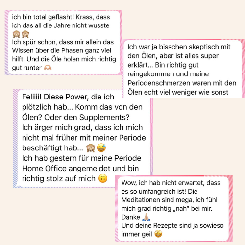 Textnachrichten mit Feddback zur Zyklusbegleitung, über Gesundheitsthemen und Menstruationszyklus.
