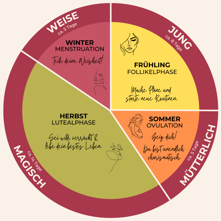 Grafik eines Zyklus mit vier Phasen: Winter, Frühjahr, Sommer und Herbst, jeweils mit Symbolen.