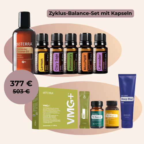 Zyklus-Balance-Set mit Kapseln und ätherischen Ölen für 377 € statt 503 €.