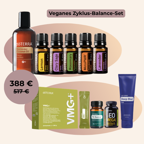 Veganes Zyklus-Balance-Set mit ätherischen Ölen und Pflegeprodukten, Preis 388 €
