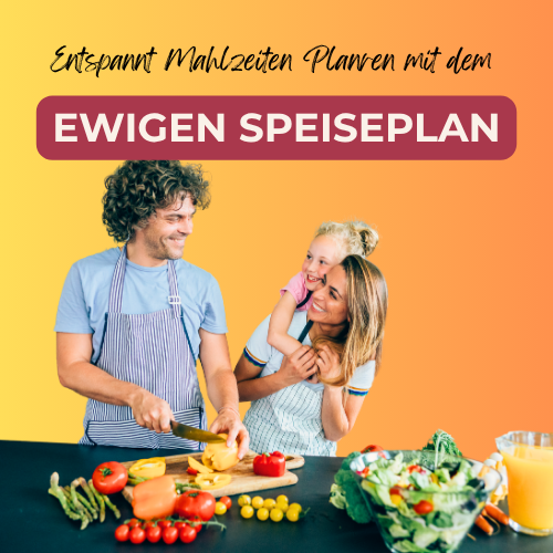 Der ewige Speiseplan – DiaVega – Deine vegane Ernährungsberatung Familie beim Kochen mit frischen Zutaten und einem Essensplan. Freude und Zusammenarbeit.