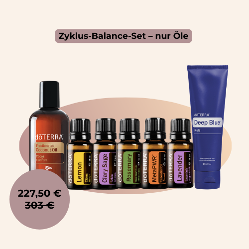 Zyklus-Balance-Set bestehend aus mehreren ätherischen Ölen und einem Reinigungsgel.