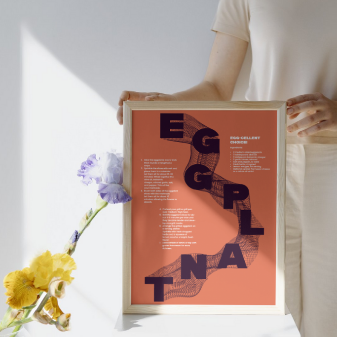Poster mit Rezept für vegane gegrillte Aubergine (auf englisch) – DiaVega Ernährungsberatung