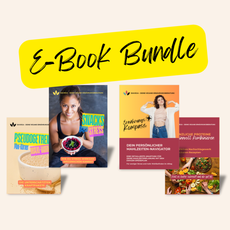 E-Books – DiaVega – Deine vegane Ernährungsberatung E-Book-Bundle mit verschiedenen Titeln und ansprechendem Design auf beigem Hintergrund.